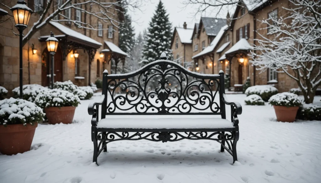 banc de jardin extérieur décoré pour Noël